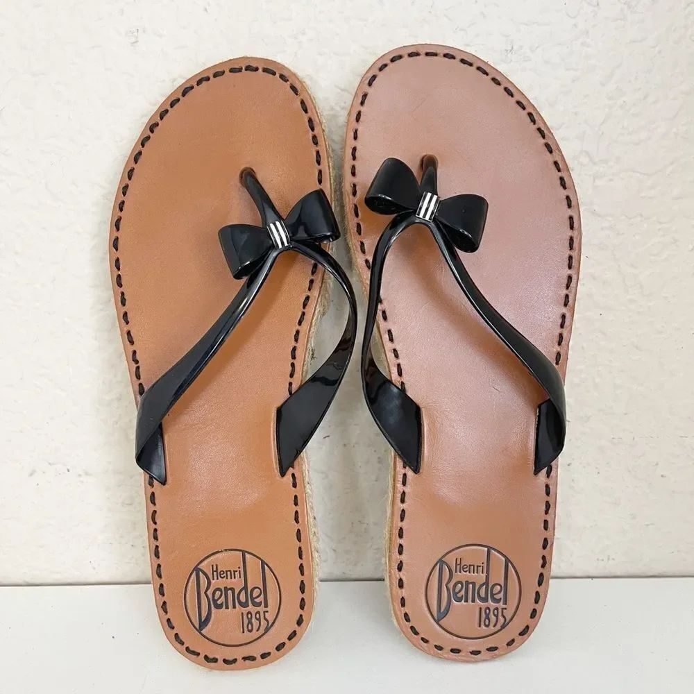 Henri Bendel La Playa Black and Brown flip flop jelly Sandals with Bow Detail 10
